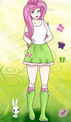 Size: 580x1000 | Tagged: safe, artist:liniitadash23, angel bunny, fluttershy, butterfly, equestria girls, g4, boots, clothes, cute, hands behind back, high heel boots, human coloration, looking at you, open mouth, skirt, socks, tank top