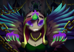 Size: 5000x3500 | Tagged: safe, artist:kickassking, princess cadance, alicorn, anthro, g4, absurd resolution, chains, corrupted, corrupted cadance, crystal empire, dark magic, dark queen, evil, evil cadance, evil smile, female, glowing eyes, glowing horn, grin, horn, magic, mare, possessed, queen cadance, smiling, solo, sombra eyes, throne room, tyrant cadance