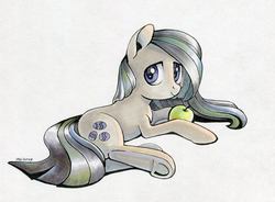 Size: 800x588 | Tagged: safe, artist:maytee, marble pie, earth pony, pony, g4, apple, female, food, looking back, mare, prone, simple background, smiling, solo, traditional art, underhoof, white background