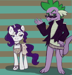 Size: 2000x2100 | Tagged: safe, artist:slytherinakatsuki, rarity, spike, dragon, pony, g4, 50's fashion, 50s, clothes, dress, female, greaser, high res, jacket, leather jacket, male, ship:sparity, shipping, straight, sunglasses