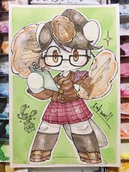 Size: 1536x2048 | Tagged: safe, artist:mosamosa_n, raven, semi-anthro, g4, arm hooves, clipboard, clothes, glasses, green background, ink, quill, school uniform, schoolgirl, simple background, solo, traditional art