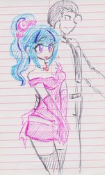Size: 1360x2245 | Tagged: safe, artist:elgatosabio, sonata dusk, oc, oc:dan, equestria girls, g4, blushing, canon x oc, clothes, danata, duo, evening gloves, female, gloves, lined paper, long gloves, male, off shoulder, ponytail, skirt, smiling, socks, tank top, thigh highs, traditional art