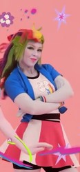 Size: 222x480 | Tagged: safe, rainbow dash, human, equestria girls, g4, my little pony & equestria girls el show en vivo, clothes, compression shorts, crossed arms, irl, irl human, makeup, photo, shorts, skirt, smiling