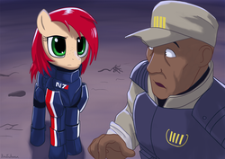 Size: 1500x1061 | Tagged: safe, artist:oceansama, human, pony, armor, commander shepard, crossover, david anderson, fanfic, fanfic art, mass effect, n7, n7 armor, ponified