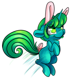 Size: 4498x4961 | Tagged: safe, artist:cutepencilcase, oc, oc only, pony, unicorn, absurd resolution, bunny ears, commission, cute, female, green eyes, green hair, hopping, mare, ocbetes, simple background, smiling, solo, transparent background, ych result