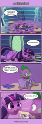 Size: 500x1475 | Tagged: safe, artist:lumineko, edit, rarity, spike, twilight sparkle, alicorn, dragon, pony, g4, 4koma, blushing, book, bored, butt, comic, cute, dialogue, female, library, looking at each other, magazine, male, plot, ship:sparity, shipping, silly, silly pony, spanish, speech bubble, straight, sweat, text, that pony sure does love books, translator:the-luna-fan, twiabetes, twilight sparkle (alicorn)
