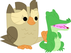 Size: 3580x2678 | Tagged: safe, artist:porygon2z, gummy, owlowiscious, alligator, bird, owl, reptile, g4, back scratching, high res, simple background, white background