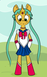 Size: 1103x1786 | Tagged: dead source, safe, artist:php47, snails, pony, semi-anthro, g4, crossdressing, crossover, glitter shell, sailor moon (series), sailor uniform, solo