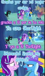 Size: 575x960 | Tagged: safe, starlight glimmer, thorax, trixie, twilight sparkle, changeling, pony, unicorn, g4, comic, female, lesbian, ship:startrix, ship:twistarlight, ship:twixie, shipping, silhouette, spanish, translated in the description