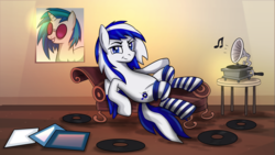 Size: 2880x1620 | Tagged: safe, artist:drawponies, dj pon-3, vinyl scratch, oc, oc only, pegasus, pony, g4, chair, clothes, female, looking at you, mare, poster, record, record player, smiling, socks, solo, stockings, striped socks, thigh highs