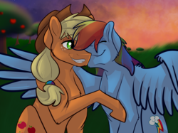 Size: 2732x2048 | Tagged: safe, artist:percy-mcmurphy, applejack, rainbow dash, earth pony, pegasus, pony, g4, apple, cowboy hat, eyes closed, female, food, hat, high res, lesbian, mare, multicolored hair, ship:appledash, shipping, smiling, stetson, sunset, sweet apple acres, tree