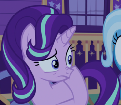 Size: 830x719 | Tagged: safe, edit, edited screencap, screencap, starlight glimmer, trixie, pony, unicorn, g4, to where and back again, boop, cropped, female, mare, nose wrinkle, self-boop, solo focus