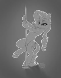 Size: 1280x1629 | Tagged: safe, artist:northernsprint, rarity, pony, unicorn, g4, belly button, belly dancer, clothes, female, grayscale, mare, monochrome, panties, pole dancing, solo, stripper pole, underwear
