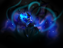 Size: 2440x1853 | Tagged: safe, artist:yuuki1410, nightmare moon, alicorn, bat pony, bat pony alicorn, pony, g4, bat wings, female, glowing horn, horn, magic, open mouth, raised hoof, smiling, solo, spread wings, wings