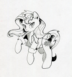 Size: 700x747 | Tagged: safe, artist:maytee, sunset shimmer, pony, unicorn, g4, clothes, female, grayscale, jacket, looking at you, markers, monochrome, rearing, smiling, solo, traditional art