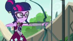 Size: 640x358 | Tagged: safe, screencap, sci-twi, twilight sparkle, equestria girls, g4, my little pony equestria girls: friendship games, aiming, animated, arrow, bow (weapon), bow and arrow, female, frown, gif, gritted teeth, magic capture device, nervous, scared, shaking, solo, weapon