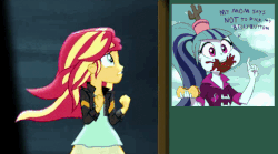 Size: 517x287 | Tagged: safe, artist:doublewbrothers, edit, sonata dusk, sunset shimmer, equestria girls, g4, my little pony equestria girls: friendship games, animated, dialogue, ed edd n eddy, female, gif, honor thy ed, out of context, parody