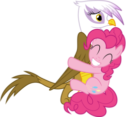 Size: 3234x3001 | Tagged: safe, artist:cloudy glow, gilda, pinkie pie, earth pony, griffon, pony, g4, the lost treasure of griffonstone, .ai available, duo, eyes closed, female, grin, high res, hug, mare, simple background, smiling, transparent background, vector