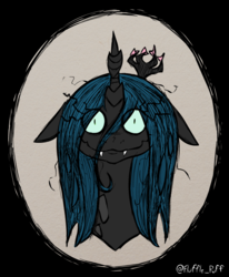 Size: 700x850 | Tagged: safe, artist:mixermike622, part of a set, queen chrysalis, changeling, changeling queen, g4, bust, don't starve, fangs, female, floppy ears, looking at you, portrait, shrunken pupils, smiling, solo, style emulation, tim burton