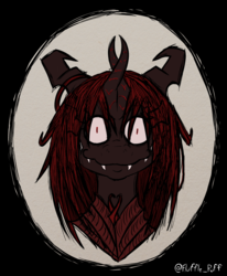 Size: 700x850 | Tagged: safe, artist:mixermike622, part of a set, oc, oc only, oc:marksaline, alicorn, original species, pony, bust, don't starve, fangs, looking at you, portrait, shrunken pupils, smiling, solo, style emulation, tim burton