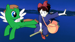 Size: 1440x810 | Tagged: safe, oc, oc only, oc:ian, pony, barely pony related, flying, kiki's delivery service, self insert
