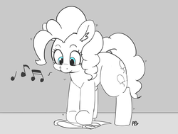 Size: 1280x968 | Tagged: safe, artist:pabbley, pinkie pie, earth pony, pony, g4, cleaning, female, music notes, partial color, simple background, solo