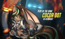 Size: 1631x985 | Tagged: safe, artist:tangomangoes, oc, oc only, oc:cocoa dot, bat pony, pony, commission, crossover, female, mare, overwatch, reinhardt, smiling, solo, text, video game, weapon