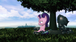 Size: 1920x1080 | Tagged: safe, artist:powdan, starlight glimmer, sunburst, pony, unicorn, g4, 3d, amputee, armor, automail, crossover, female, fullmetal alchemist, gmod, grass field, helmet, mare, prosthetic limb, prosthetics, scenery, sitting, tree