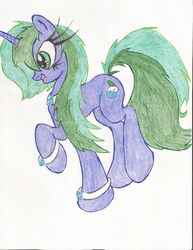 Size: 1700x2200 | Tagged: safe, artist:wyren367, oc, oc only, oc:marina, pony, unicorn, colored pencil drawing, female, happy, jewelry, simple background, solo, traditional art, white background