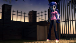 Size: 1920x1080 | Tagged: safe, artist:razethebeast, princess luna, vice principal luna, equestria girls, g4, 3d, clothes, female, gate, pants, solo, source filmmaker, sword, weapon