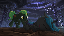 Size: 1920x1080 | Tagged: safe, artist:hydrusbeta, oc, oc only, oc:calumn, oc:trail blazer, changeling, earth pony, pony, fanfic:harmony theory, dead trees, dragging, fanfic, fanfic art, harmony theory, lightning, storm