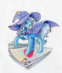 Size: 700x823 | Tagged: safe, artist:maytee, trixie, pony, unicorn, g4, card, female, lidded eyes, looking at you, mare, playing card, raised hoof, simple background, smiling, smirk, solo, traditional art, white background