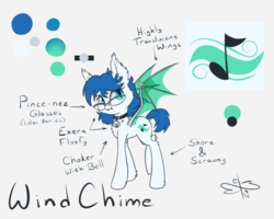 Size: 750x600 | Tagged: safe, artist:malwinters, oc, oc only, oc:wind chime, bat pony, pony, bell, bell collar, choker, collar, female, glasses, mare, reference sheet, solo, spread wings, wings