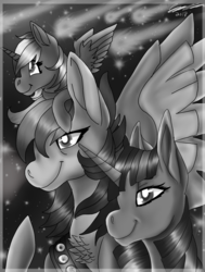 Size: 1550x2050 | Tagged: safe, artist:brainiac, rainbow dash, twilight sparkle, oc, oc:pastel sparkle, alicorn, pegasus, pony, g4, black and white, chest fluff, female, filly, foal, grayscale, lesbian, magical lesbian spawn, meteor shower, monochrome, offspring, parent:rainbow dash, parent:twilight sparkle, parents:twidash, pins, sash, ship:twidash, shipping, stars, twidash lovechild, two toned wings, wing fluff