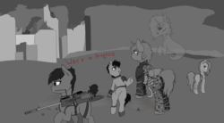 Size: 5800x3200 | Tagged: safe, artist:syntiset, edit, oc, oc only, oc:colunder, earth pony, ghost, pegasus, pony, unicorn, fallout equestria, absurd resolution, city, clothes, fallout, female, looking at something, male, mare, monochrome, raider, raiders, spikes, stallion, weapon, wip