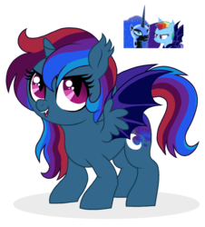 Size: 877x969 | Tagged: safe, artist:unoriginai, nightmare moon, rainbow dash, oc, unnamed oc, alicorn, bat pony, bat pony alicorn, pony, g4, adoptable, alicorn oc, alternate timeline, fangs, hybrid wings, magical lesbian spawn, night guard dash, nightmare takeover timeline, offspring, parent:nightmare moon, parent:rainbow dash, parents:nightmaredash, screencap reference, shipping, simple background, transparent background