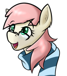 Size: 764x864 | Tagged: safe, artist:muggyheatwave, oc, oc only, oc:seanchas cliste, pony, bust, clothes, ear fluff, glasses, green eyes, happy pony, open mouth, pink hair, scarf, simple background, solo, transparent background