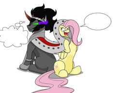 Size: 700x539 | Tagged: safe, artist:killkatt, fluttershy, king sombra, pegasus, pony, unicorn, g4, armor, cape, clothes, colored horn, curved horn, empty speech bubble, female, horn, male, mare, ship:sombrashy, shipping, simple background, sombra eyes, sombra horn, speech bubble, stallion, straight, thought bubble, transparent background