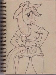 Size: 1196x1600 | Tagged: safe, artist:bhawk, applejack, anthro, g4, applebutt, ass, butt, clothes, cowboy hat, daisy dukes, female, front knot midriff, hand on hip, hat, looking at you, looking back, looking back at you, midriff, rear view, shorts, sketch, solo, stetson, traditional art