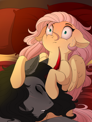 Size: 2000x2643 | Tagged: safe, artist:evehly, fluttershy, king sombra, pegasus, pony, unicorn, :t, bed, blushing, chest fluff, chin fluff, cuddling, curved horn, cute, duo, ear fluff, eyes closed, fangs, female, floppy ears, fluffy, frown, holding breath, horn, horn poke, male, mare, nervous, on back, on side, point, scar, sharp horn, shipping, shoulder fluff, shrunken pupils, shyabetes, sleeping, sombradorable, sombrashy, stallion, straight, sweat, this will end in pain, this will end in tears, unicorn problems, wide eyes, wing fluff
