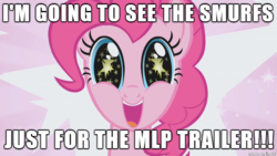 Size: 610x343 | Tagged: safe, edit, edited screencap, screencap, pinkie pie, g4, my little pony: the movie, cute, diapinkes, excited, female, happy, hype, image macro, meme, smurfs, smurfs: the lost village, smurfs: the lost village (movie), solo, the smurfs