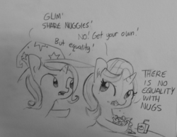 Size: 1280x990 | Tagged: safe, artist:tjpones, starlight glimmer, trixie, pony, unicorn, g4, apple juice, black and white, chicken nugget, clothes, dialogue, eating, food, grayscale, hat, inequality, juice, juice box, lineart, looking at each other, monochrome, open mouth, ponies eating meat, traditional art, trixie's hat