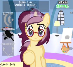 Size: 597x544 | Tagged: safe, artist:heartwarmer-mlp, oc, oc only, oc:lannie lona, aura, beatnik, game, glasses, interactive, looking at you, simulator, solo