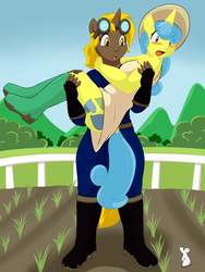 Size: 2250x3000 | Tagged: safe, artist:cainesart, lemon hearts, oc, oc:golden gear, mouse, unicorn, anthro, plantigrade anthro, g4, boots, clothes, cute, dress, female, goggles, hat, high res, mare, mud, muzzle shaded as nose, open mouth