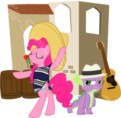 Size: 957x932 | Tagged: safe, artist:the-sparkly-spycar, pinkie pie, spike, dragon, pony, g4, bipedal, clothes, dance of the cucumber, dancing, eyes closed, guitar, hat, poncho, silly songs, sombrero, spike is not amused, unamused, veggietales