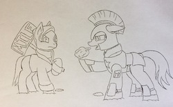 Size: 2951x1830 | Tagged: safe, artist:whiskey, oc, oc only, oc:careful watch, pony, 4chan, alternate clothes, clothes, monochrome, protest, royal guard, sign, snow, traditional art