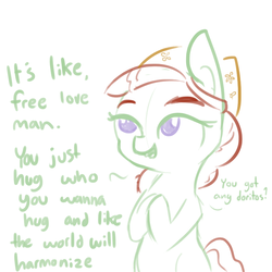Size: 792x792 | Tagged: safe, artist:tjpones, tree hugger, earth pony, pony, g4, cute, dialogue, female, free love, green fur, hippie, partial color, purple eyes, simple background, smiling, solo, white background