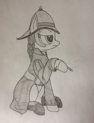 Size: 2199x2872 | Tagged: safe, artist:whiskey, oc, oc only, oc:solemn rain, pony, alternate universe, cigarette, clothes, dishonored, female, guard, hat, high res, mare, monochrome, ponytail, sitting, smoking, solo, traditional art, uniform