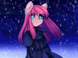 Size: 540x405 | Tagged: safe, artist:tolsticot, pinkie pie, earth pony, anthro, g4, animated, blue eyes, clothes, female, gif, looking at you, mare, pinkamena diane pie, snow, snowfall, solo