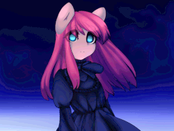 Size: 540x405 | Tagged: safe, artist:tolsticot, pinkie pie, earth pony, anthro, g4, animated, beautiful, blue eyes, clothes, dress, eye clipping through hair, female, gif, looking at you, mare, pinkamena diane pie, solo, wind, windswept hair